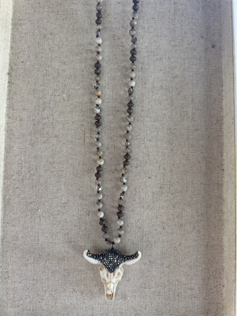 Beaded Neutral-Tone Long Necklace with Horn Pendant 34 inches